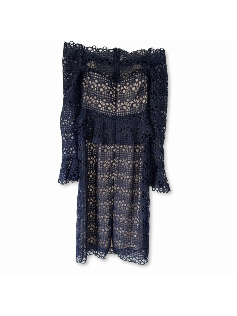 Monique Lhuillier Navy Lace Peplum Long Sleeve Evening Dress Size 10 - Picture 3 of 15